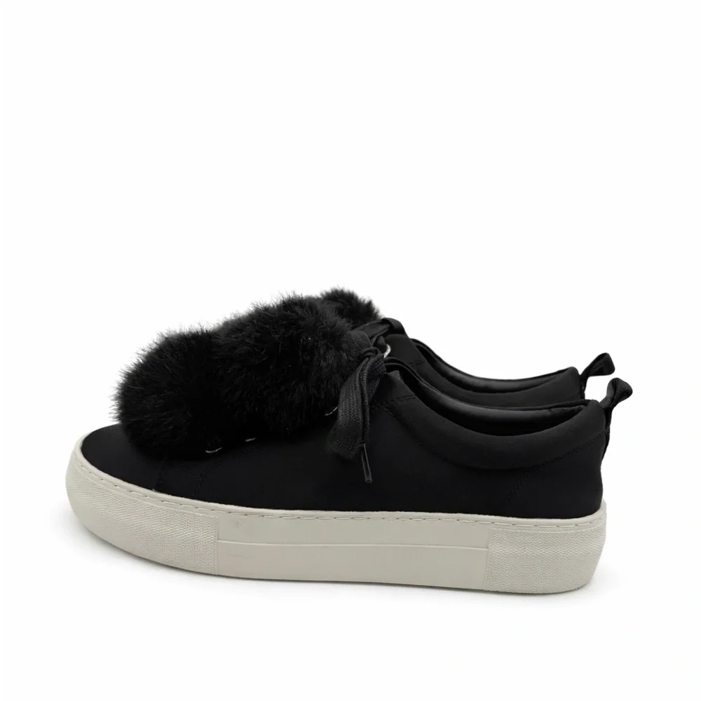 J/SLIDES Faux Fur Pom Pom Satin Platform Lace-Up Black Women’s Sneakers Size 7 - Picture 2 of 14